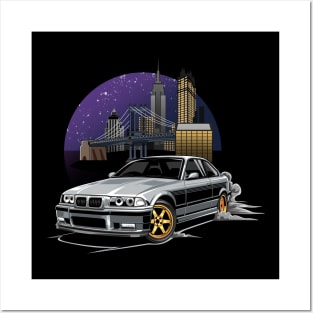 M3 E36 Illustration New York City Night Skyline Posters and Art